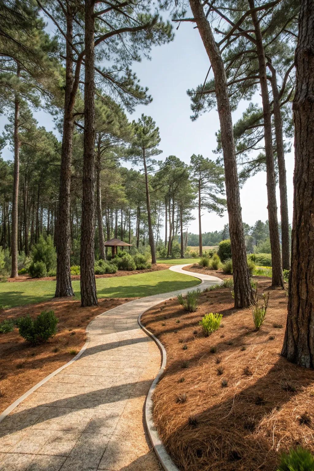 Pine needle mulch adds a natural touch to garden pathways.