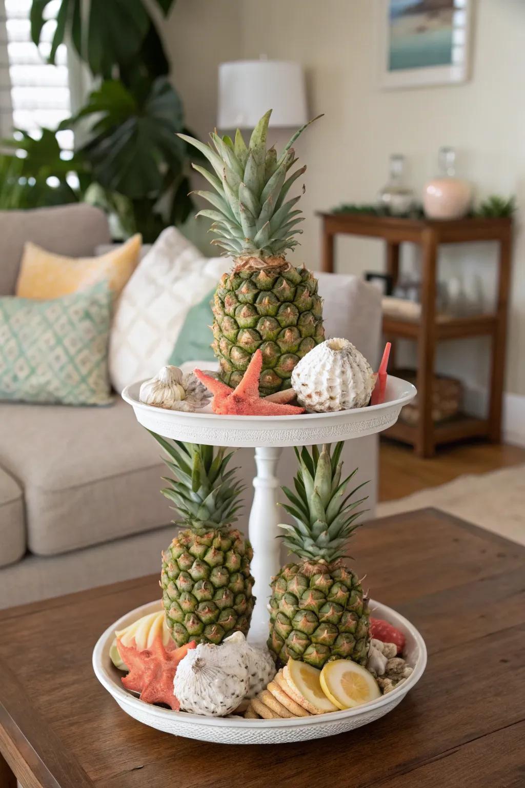 A tropical display stand featuring pineapples brings the beach vibe indoors.