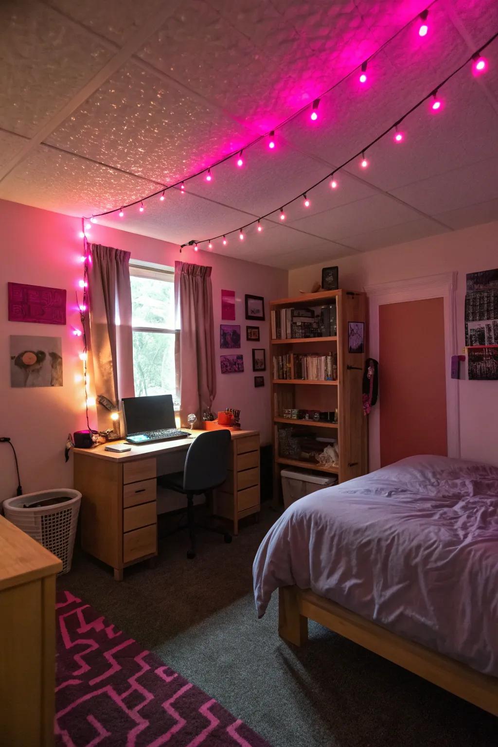 Warm ambient lighting with pink and black fixtures.