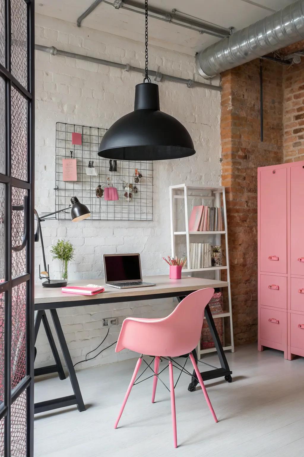 Black lighting fixtures add a dramatic flair to this pink-themed office.