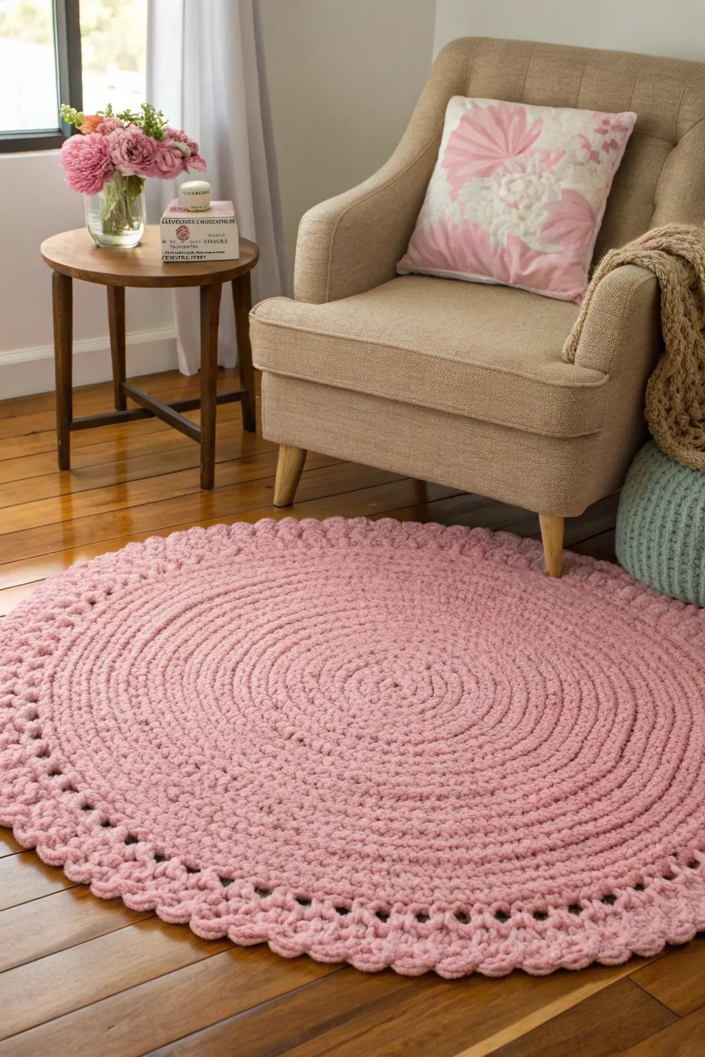 Step up your decor game with a charming pink crochet rug.