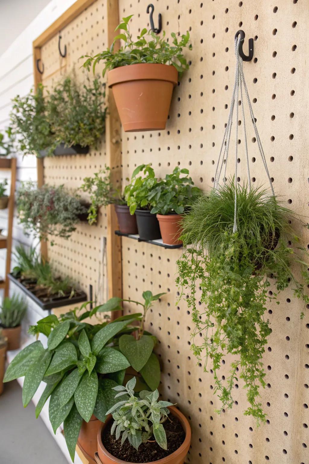 Dynamic and versatile plant display using a pegboard.