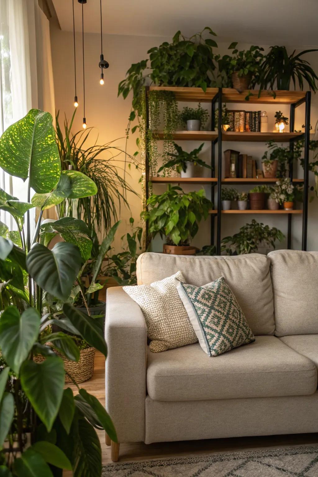 A hidden garden shelf behind the sofa adds greenery discreetly.