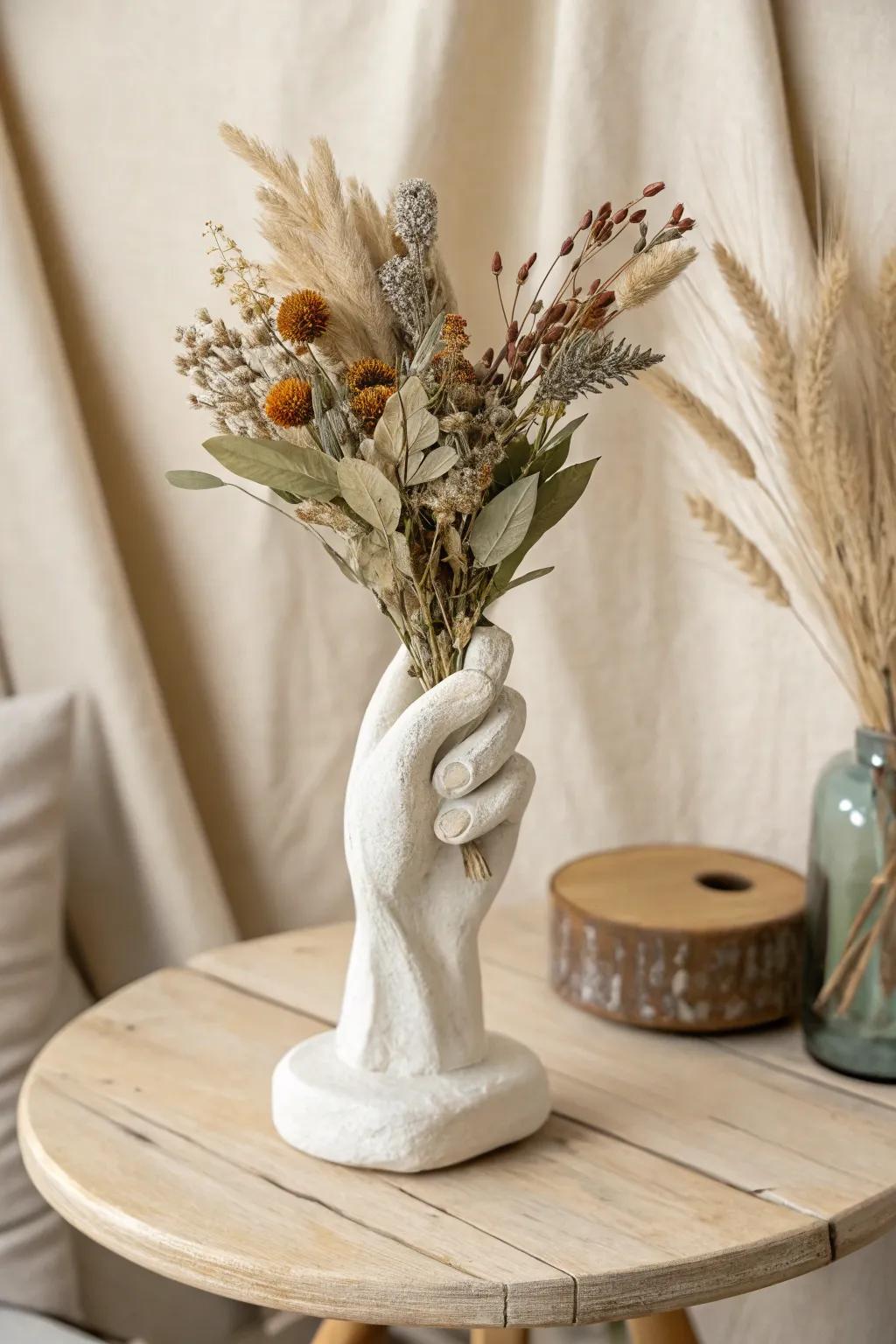 Embrace nature indoors with this exquisite plaster hand adorned with dried blooms, a perfect blend of minimalist and boho charm.