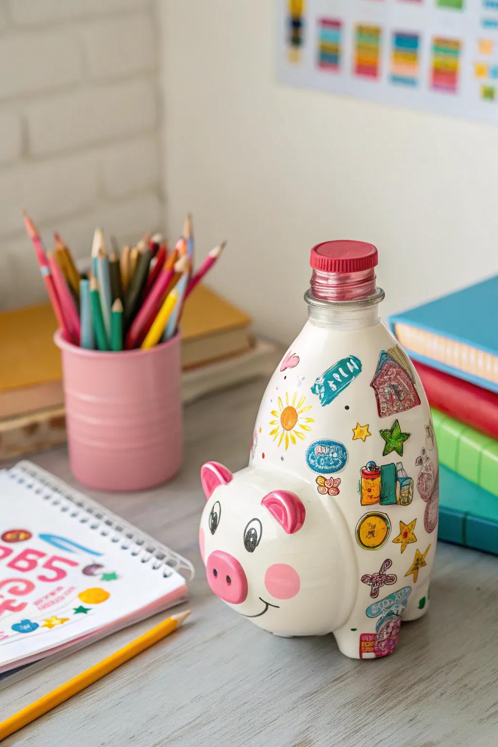 Encourage saving with a creative and fun piggy bank made from a milk bottle.