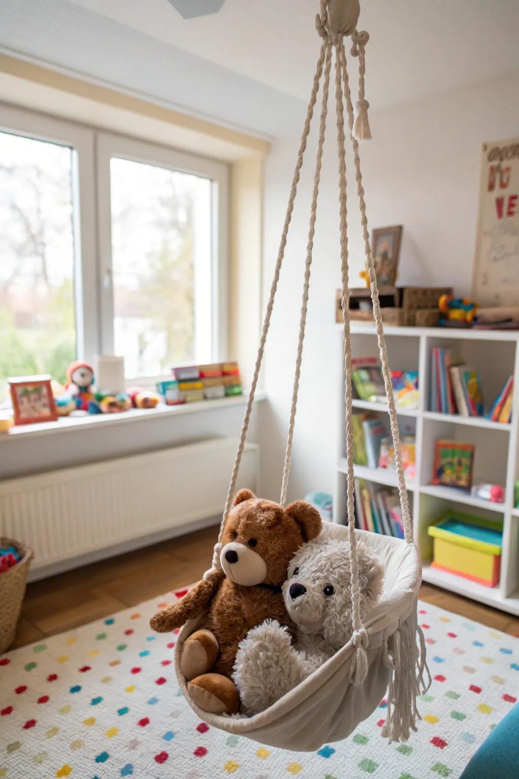 Stuffed animal swings create a whimsical and fun storage solution.