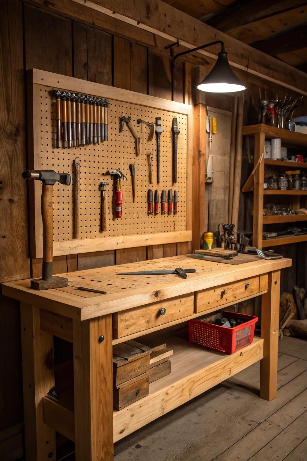 Transform your workspace with a pegboard-backed workbench – where organization meets craftsmanship.