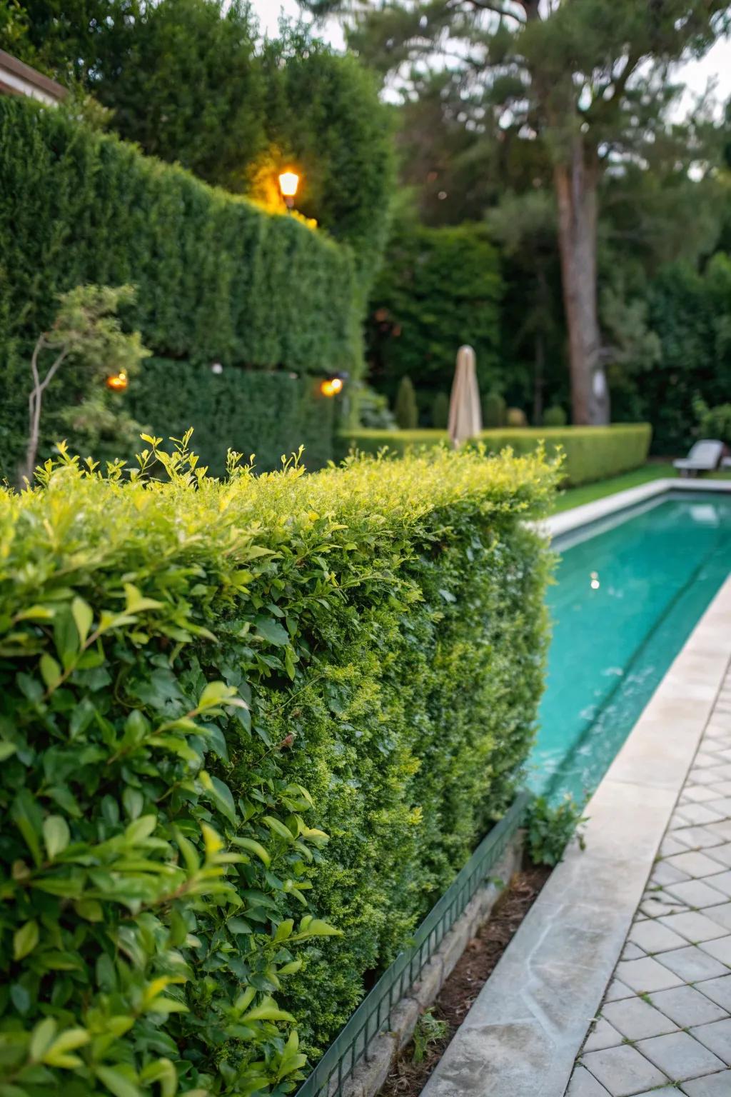 Natural privacy with a hedge pool fence.