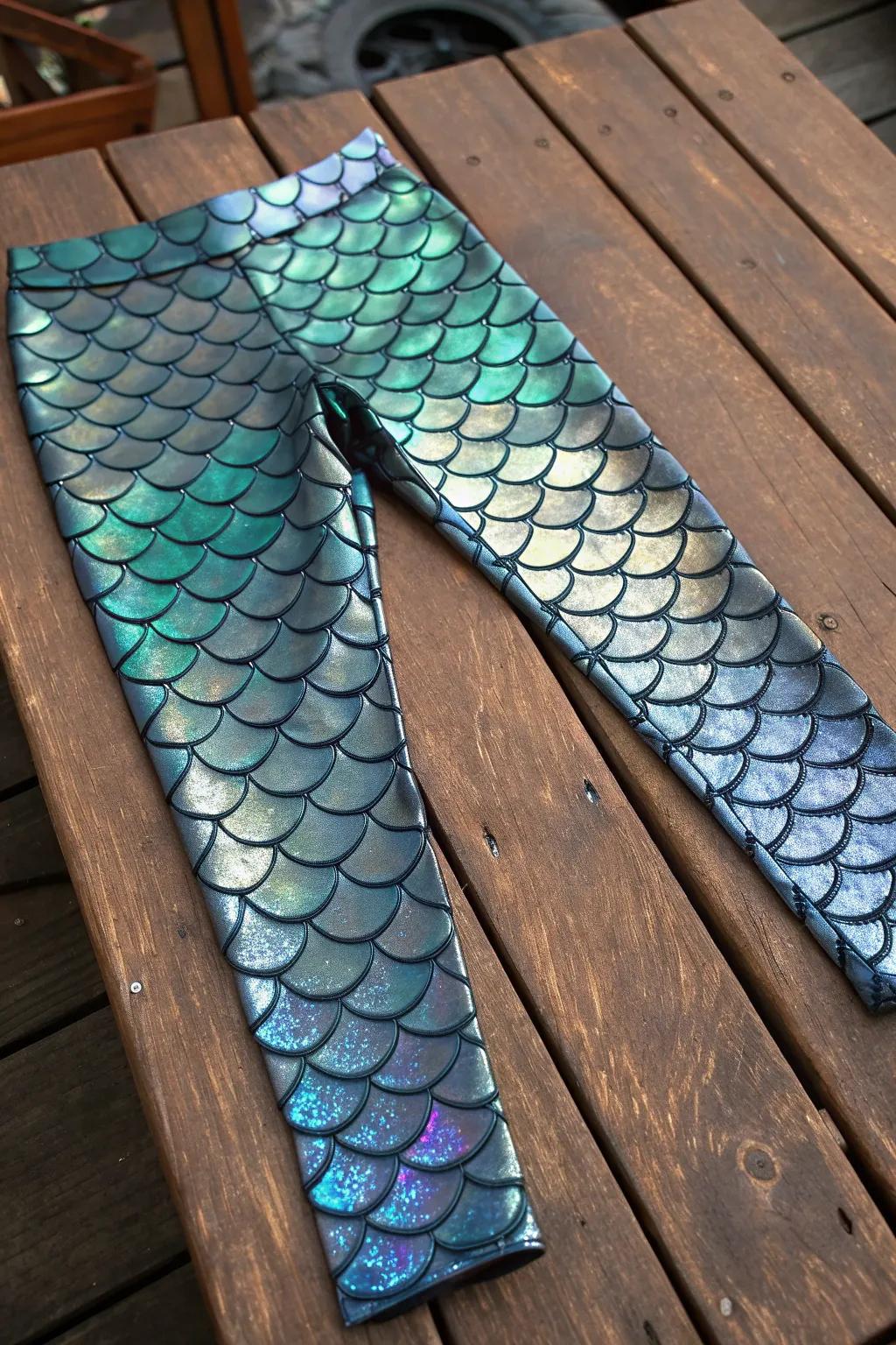 Dive into artistry with these mesmerizing fish scale leggings, crafted with precision and flair.