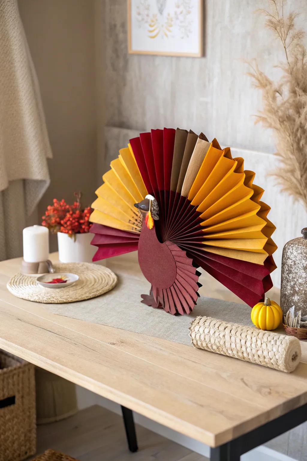 Brighten your Thanksgiving table with a charming paper fan turkey—where minimalist design meets vibrant autumn hues.