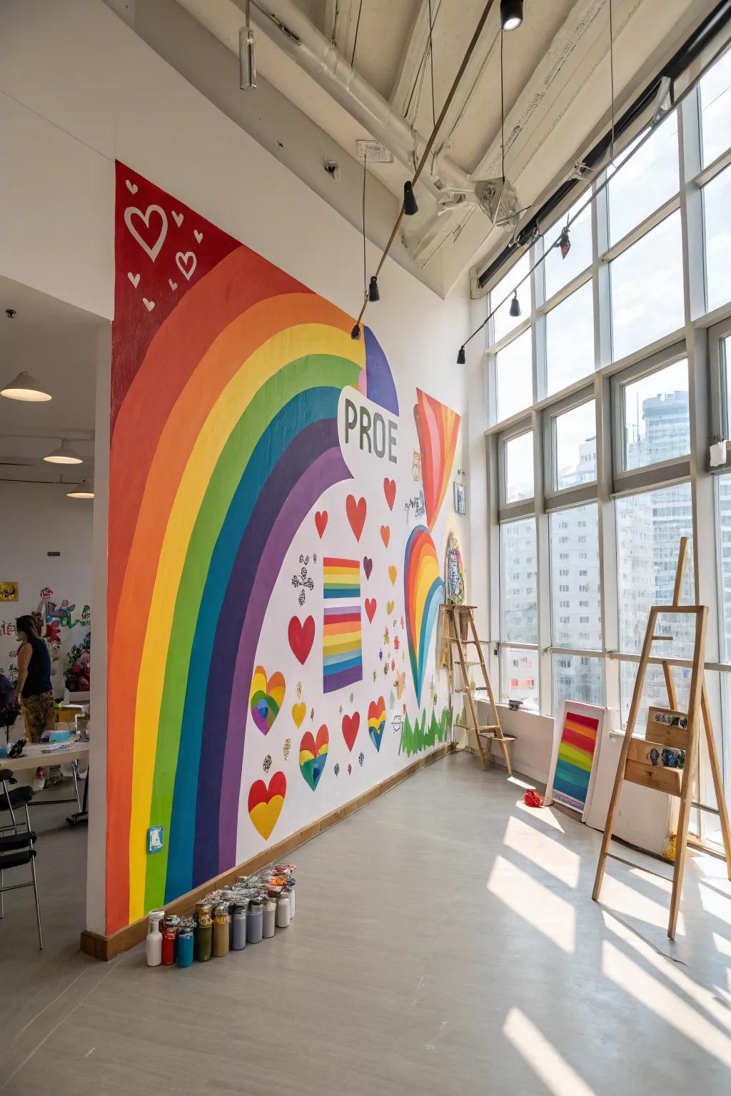 A pride-themed mural inspiring creativity in a studio.