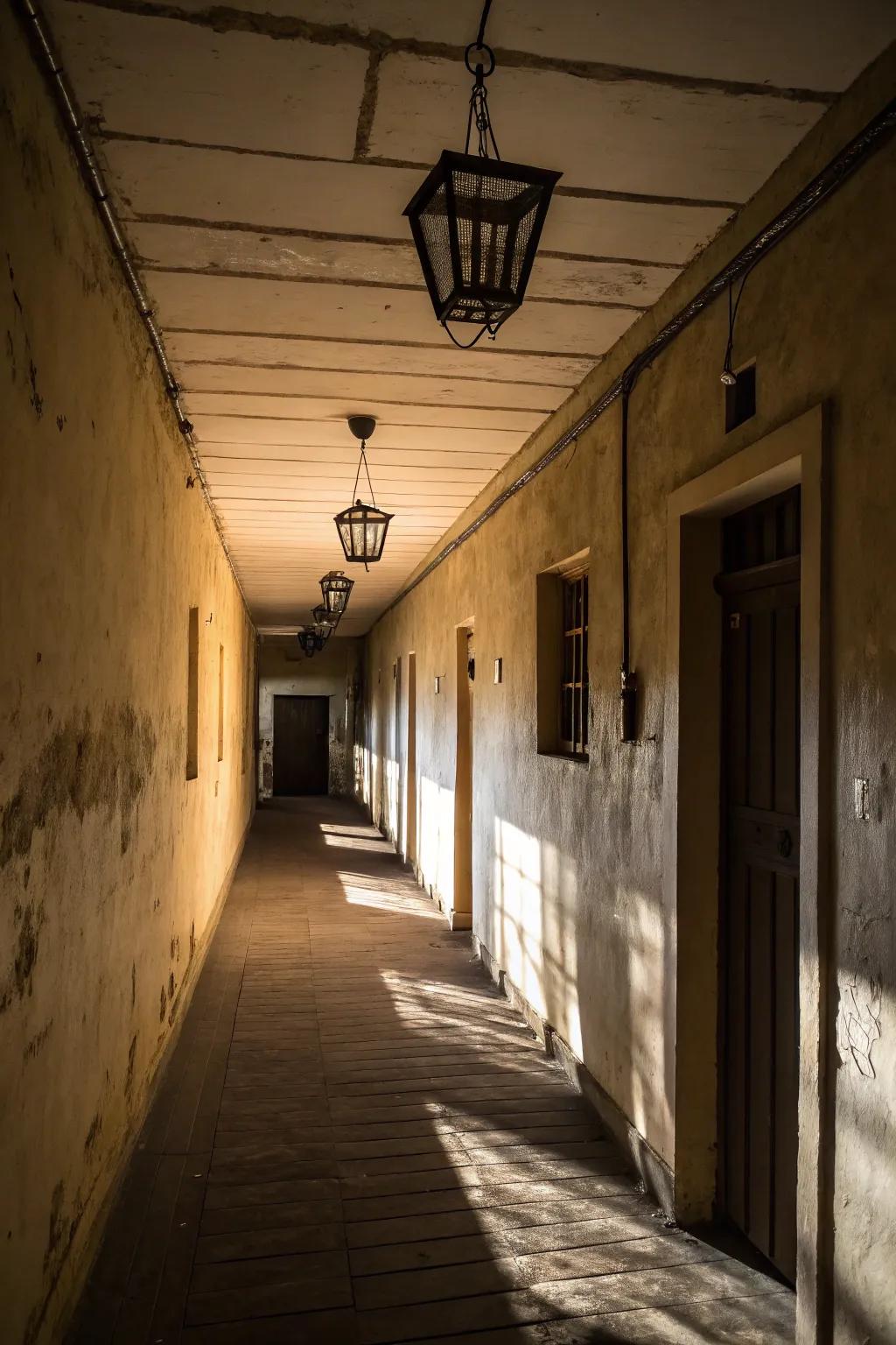 Primitive ceiling lights adding elegance to a hallway.