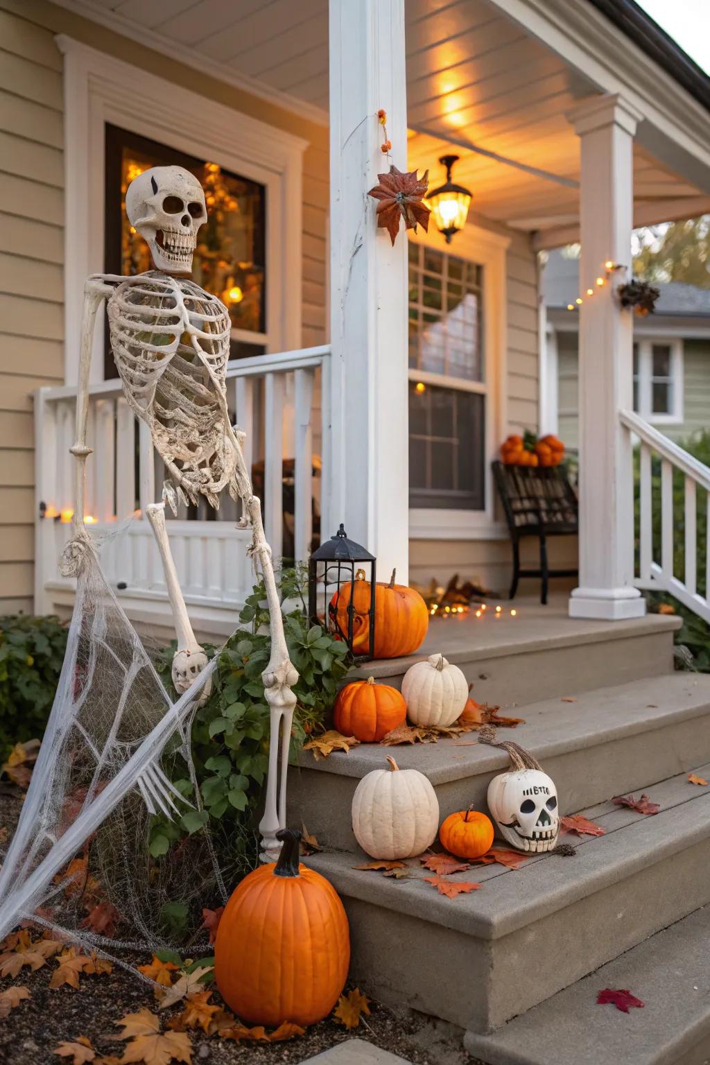 Stacked skeleton pumpkins make for an eye-catching Halloween display.