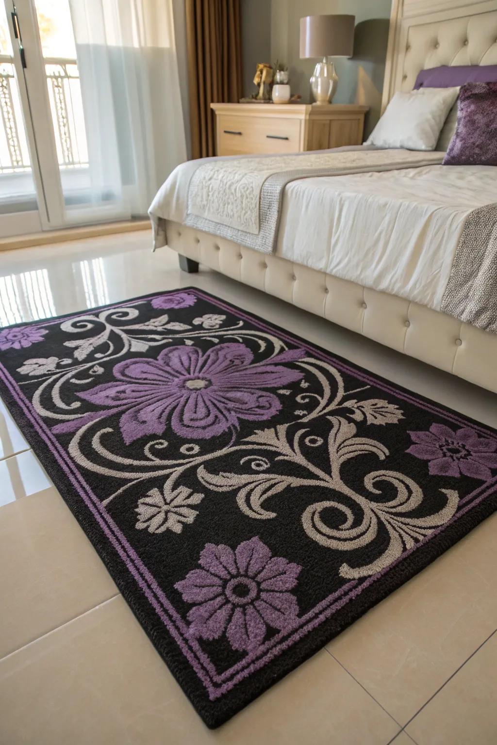 A stylish black and purple rug adds texture and warmth to the bedroom.