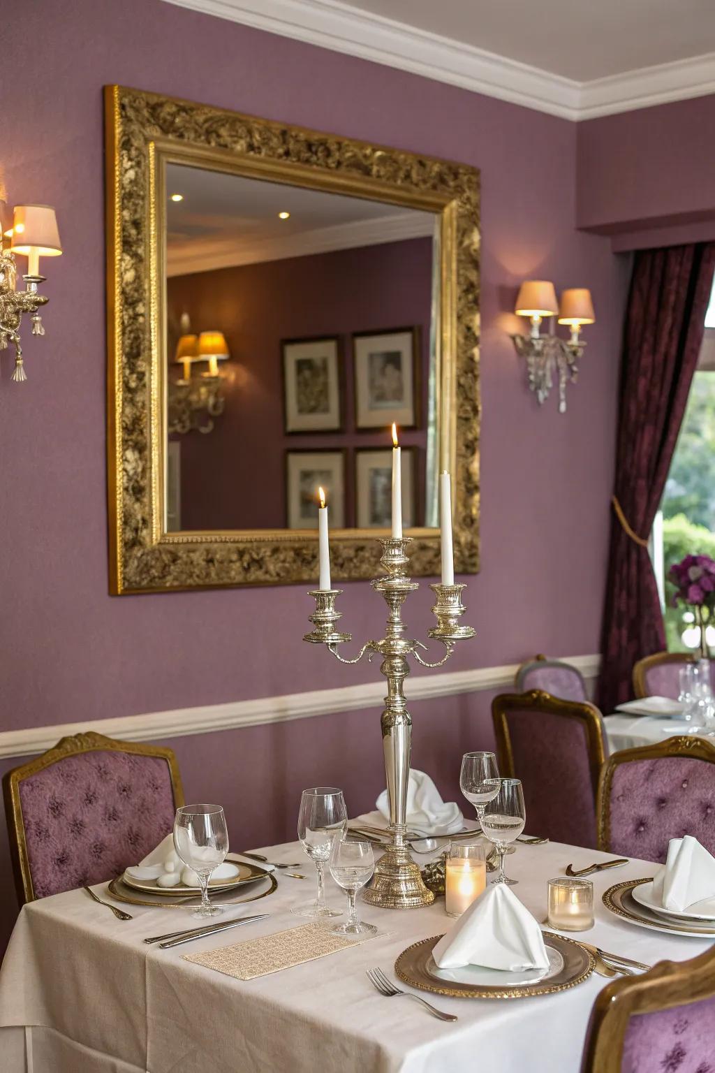 Purple and metallics create a glamorous and sophisticated dining space.