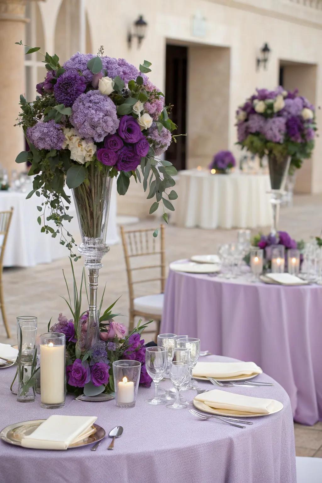 A harmonious blend of purple with neutral tones in wedding decor.