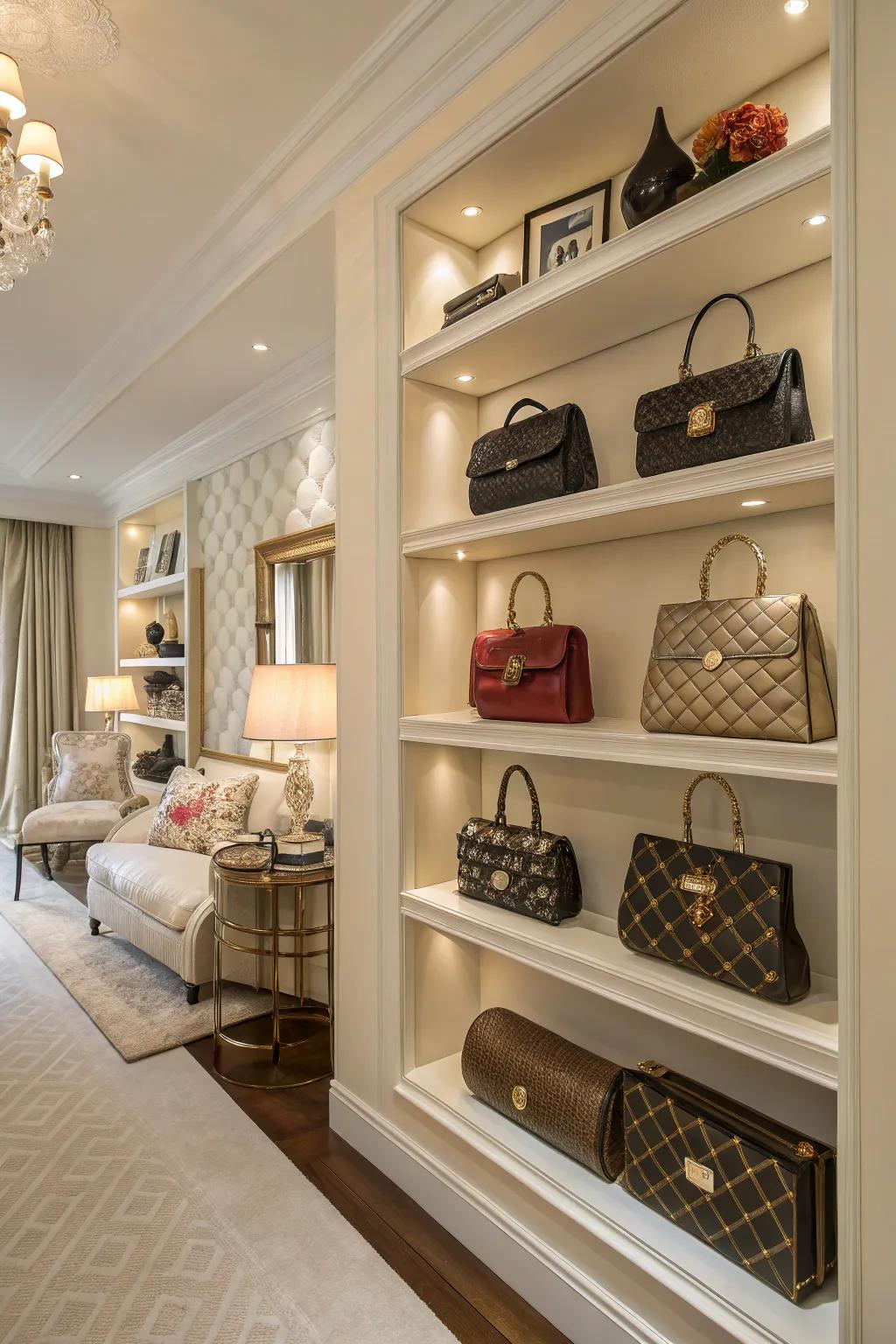 Wall shelving turns purses into decorative pieces.