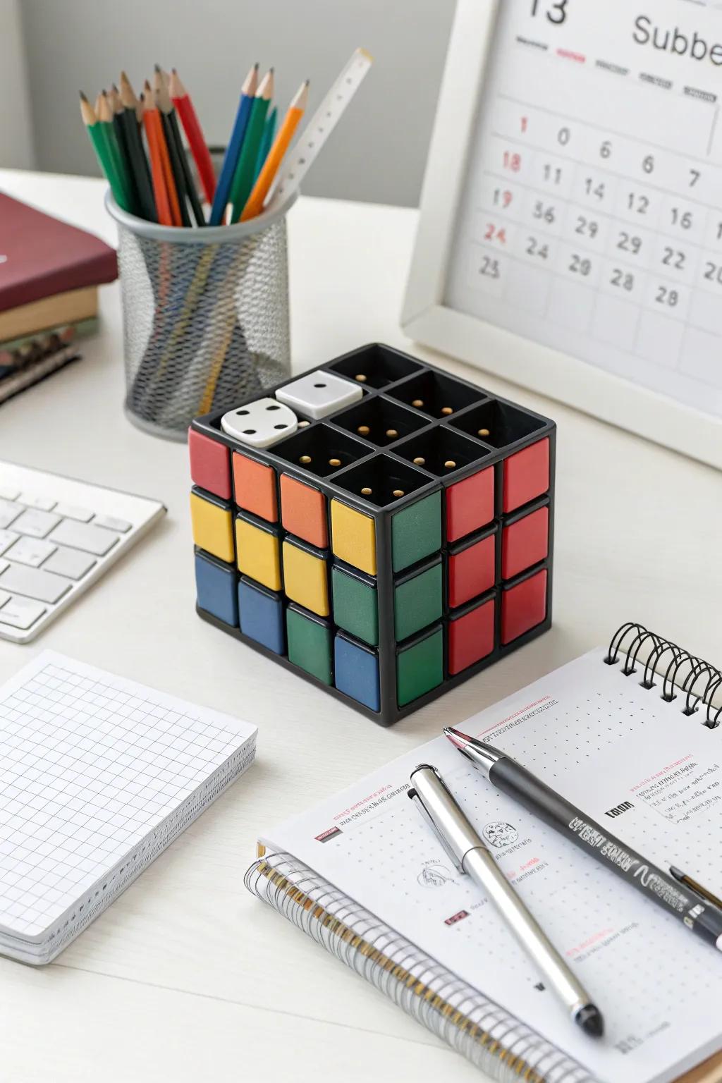 A puzzle cube helps keep this workspace organized and stylish.