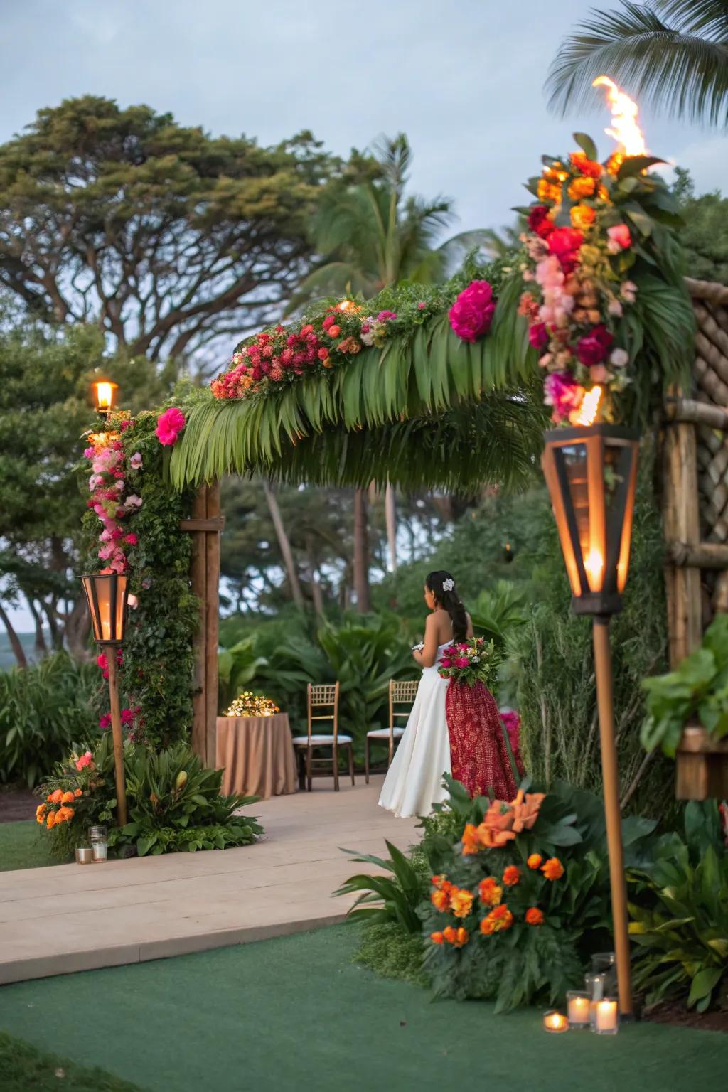 A lively tropical paradise-themed quinceanera with vibrant florals and tiki torches.