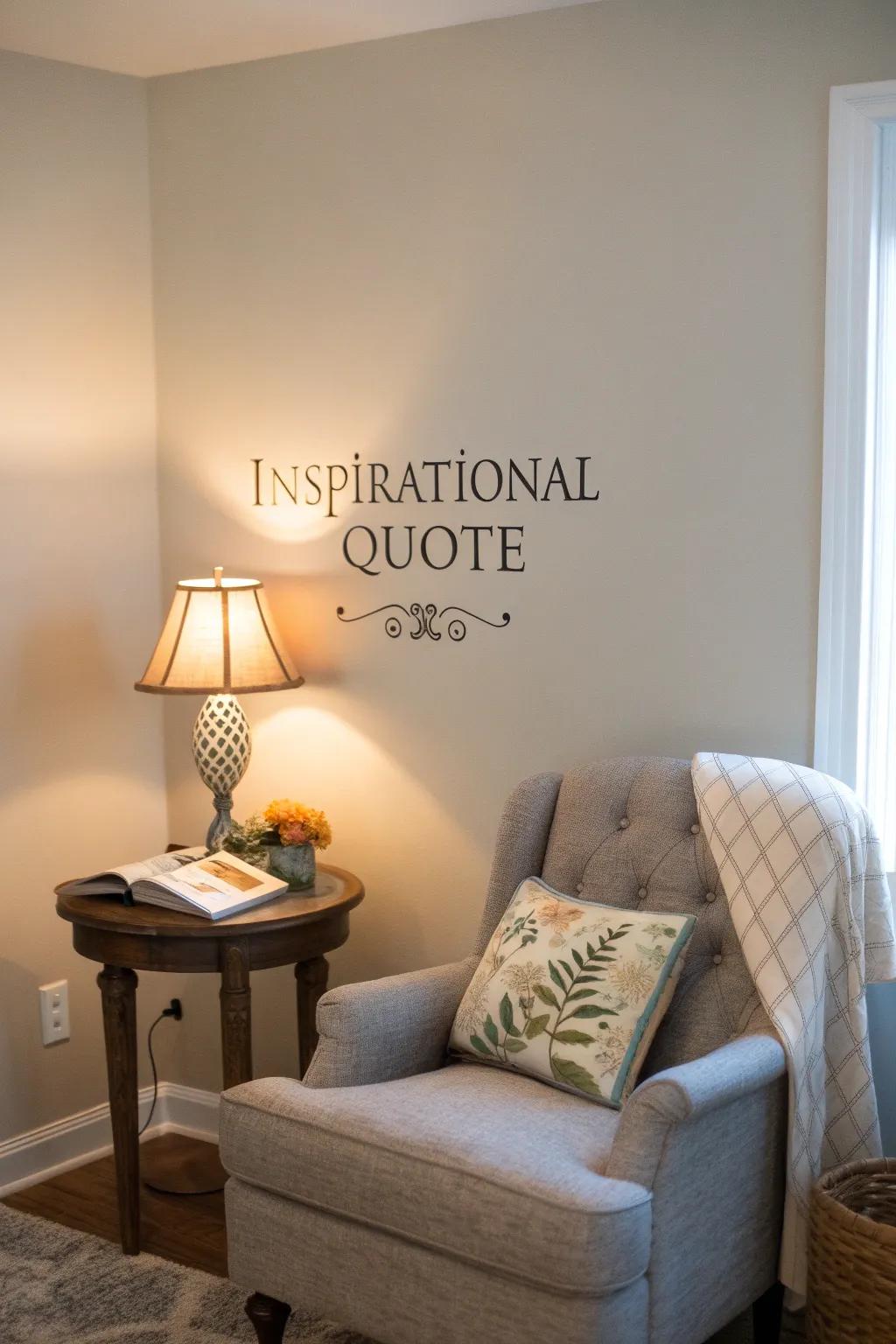 A cozy nook featuring an inspirational quote that resonates with personal philosophy.