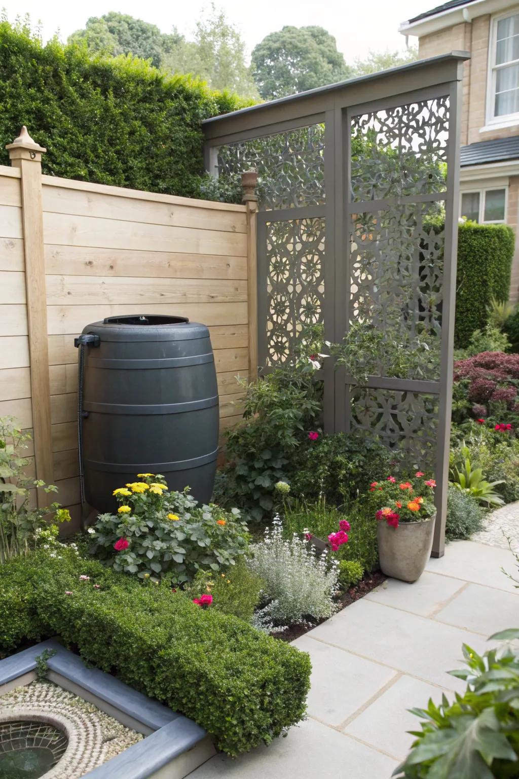 Decorative screens provide privacy and style, concealing your rain barrel effortlessly.