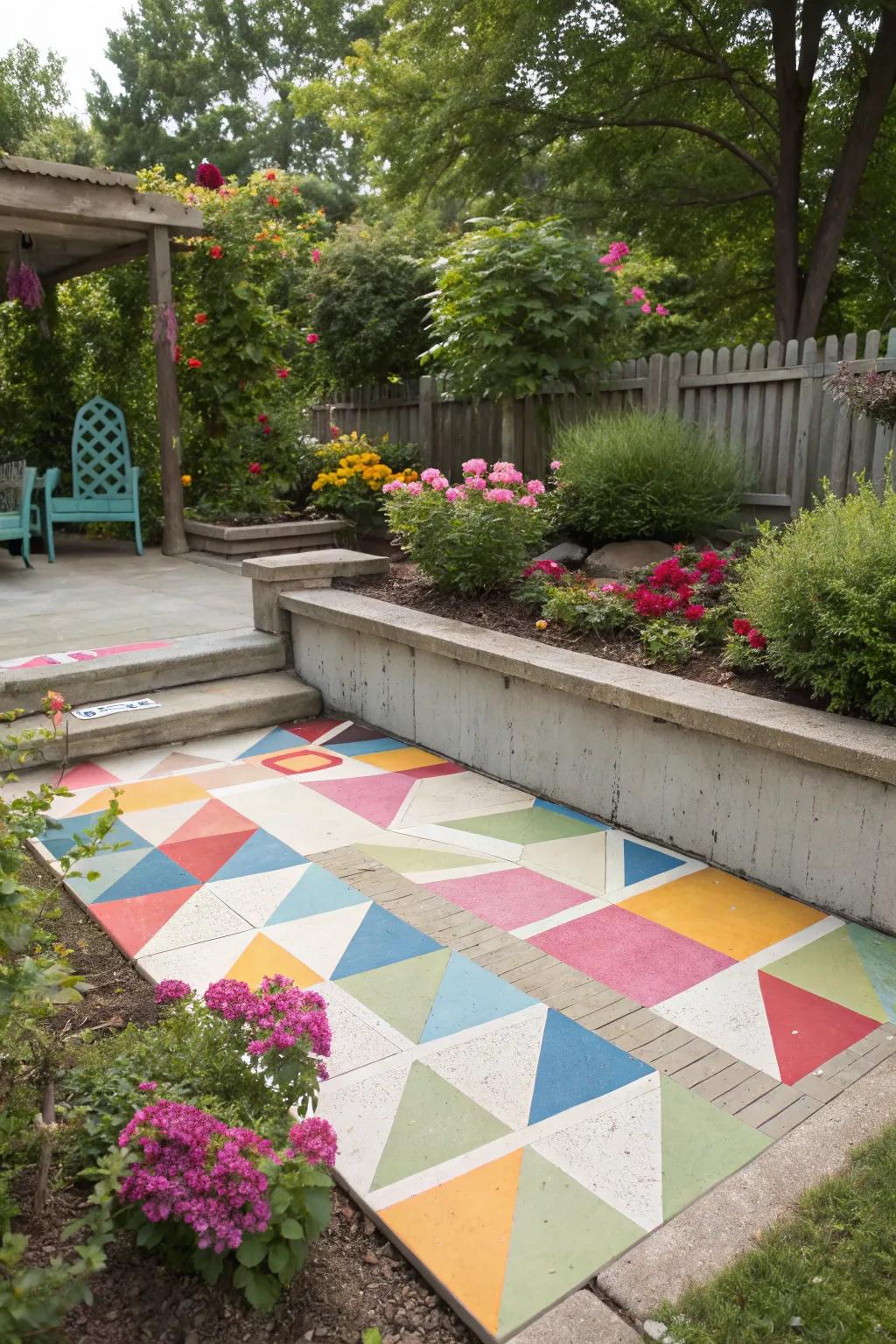 DIY painted patterns add a unique flair to this raised concrete patio.