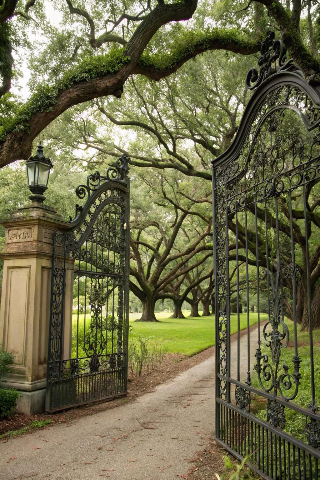 Wrought iron gates add sophistication and strength to this entrance.