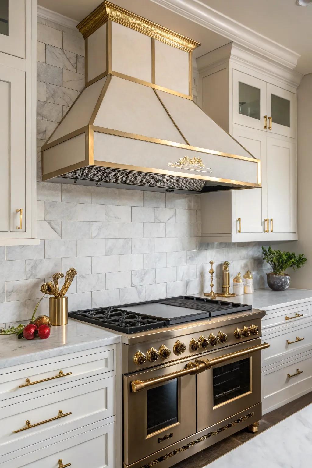 Metal accents on range hoods enhance modern industrial aesthetics.