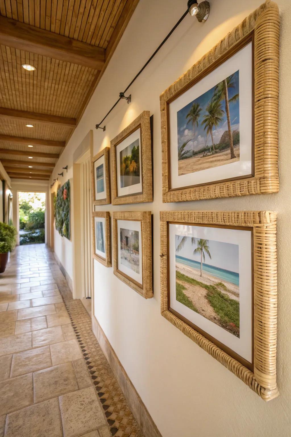 A rattan frame wall gallery brings tropical vibes home.