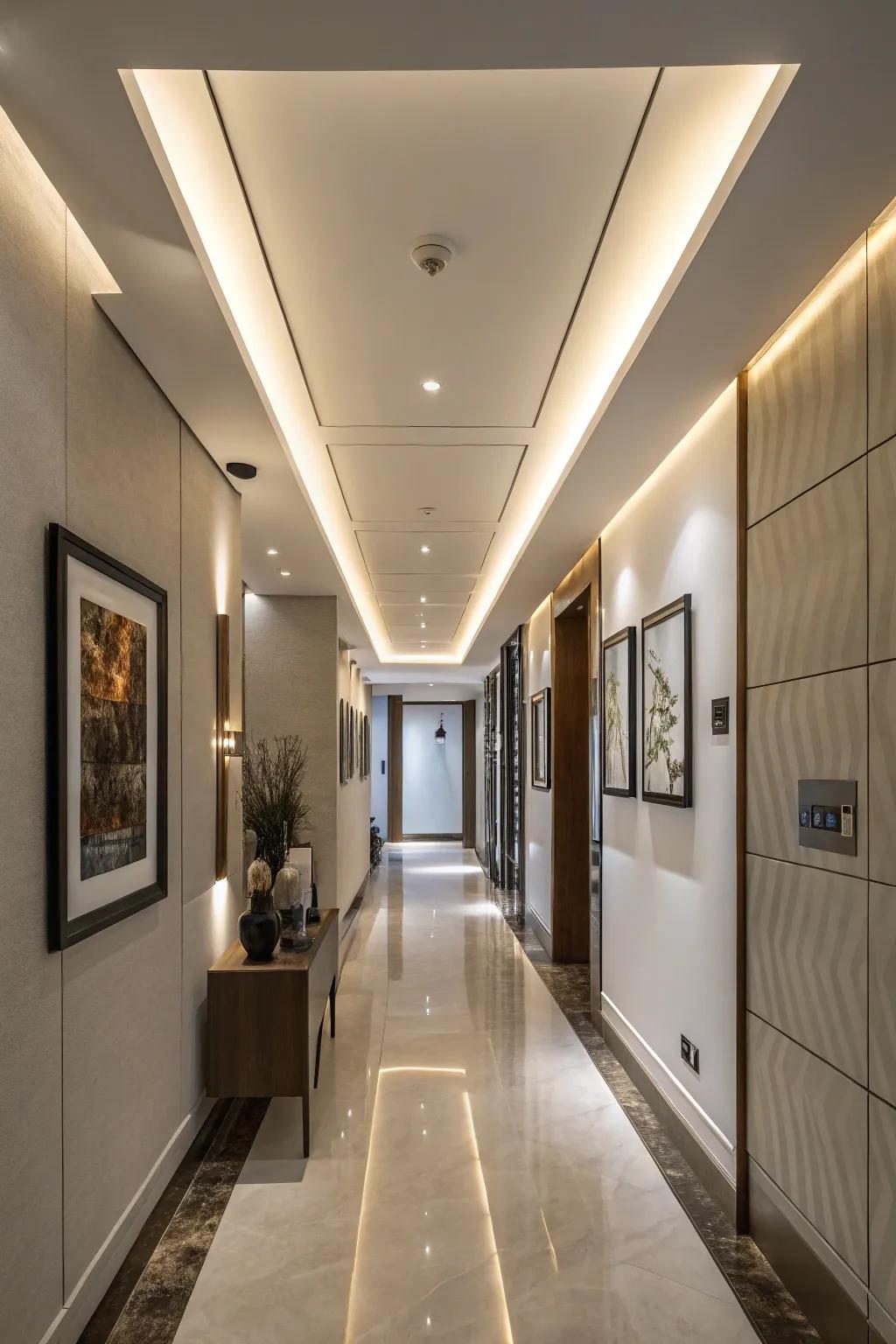 A hallway with a recessed ceiling and ambient hidden lighting.