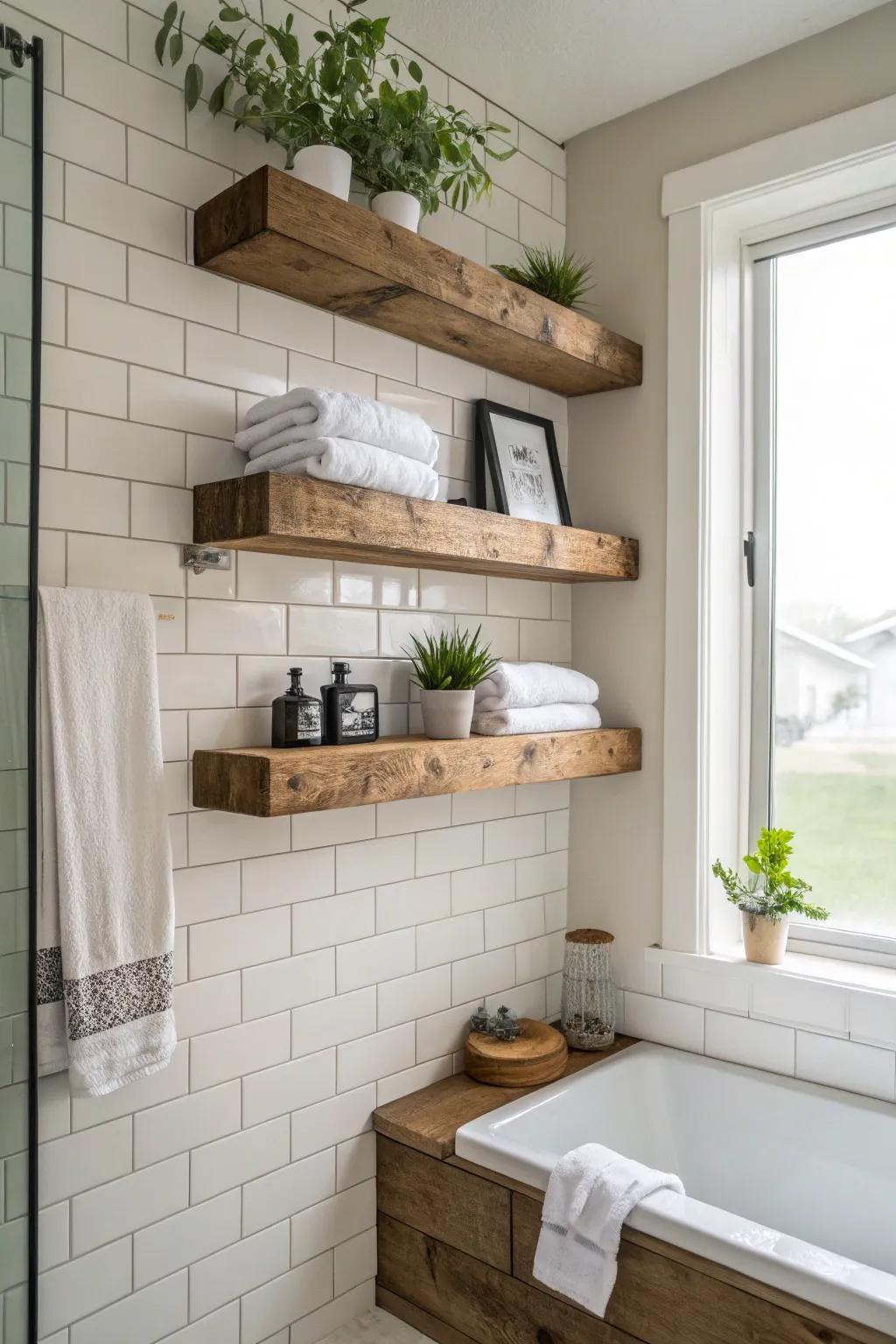 Floating shelves bring a rustic touch to your bathroom.