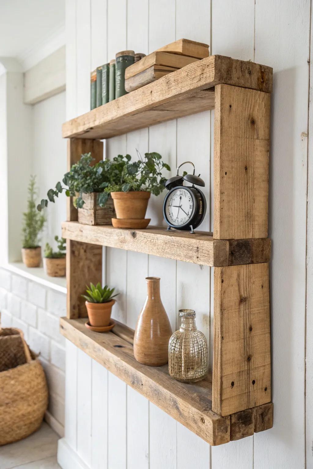 Transform your space with rustic elegance: Pallet wood shelves that blend sustainability with Scandinavian style.