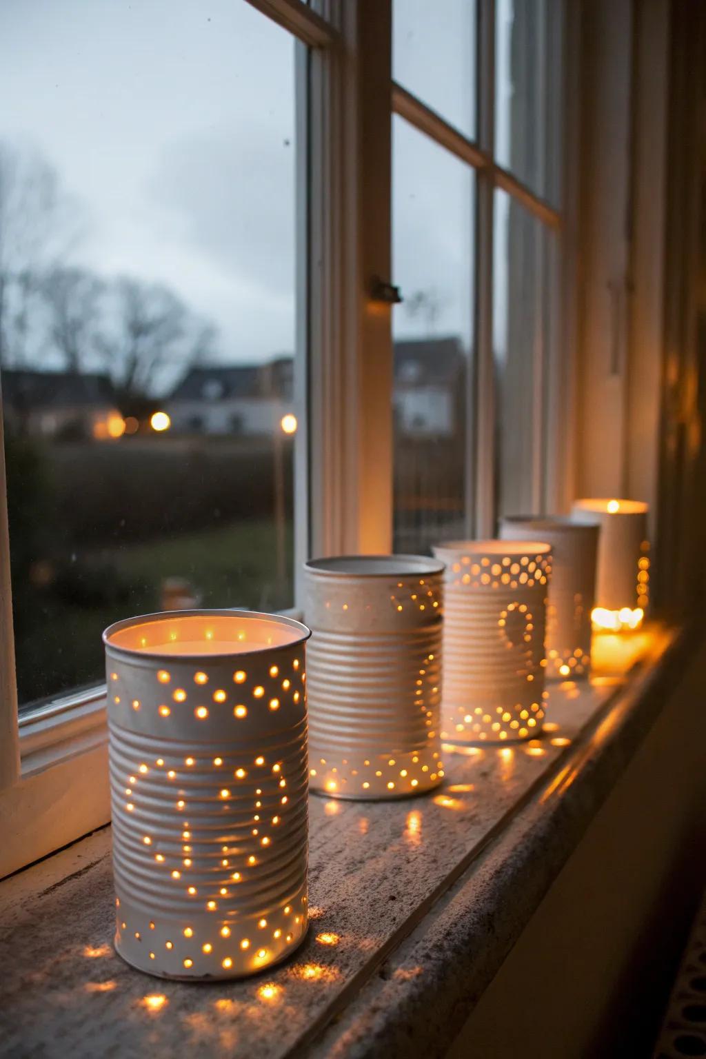 Tin can luminaries illuminate your space with recycled charm.