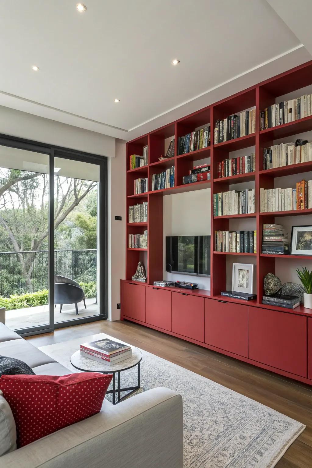 Red shelving offers both style and storage.