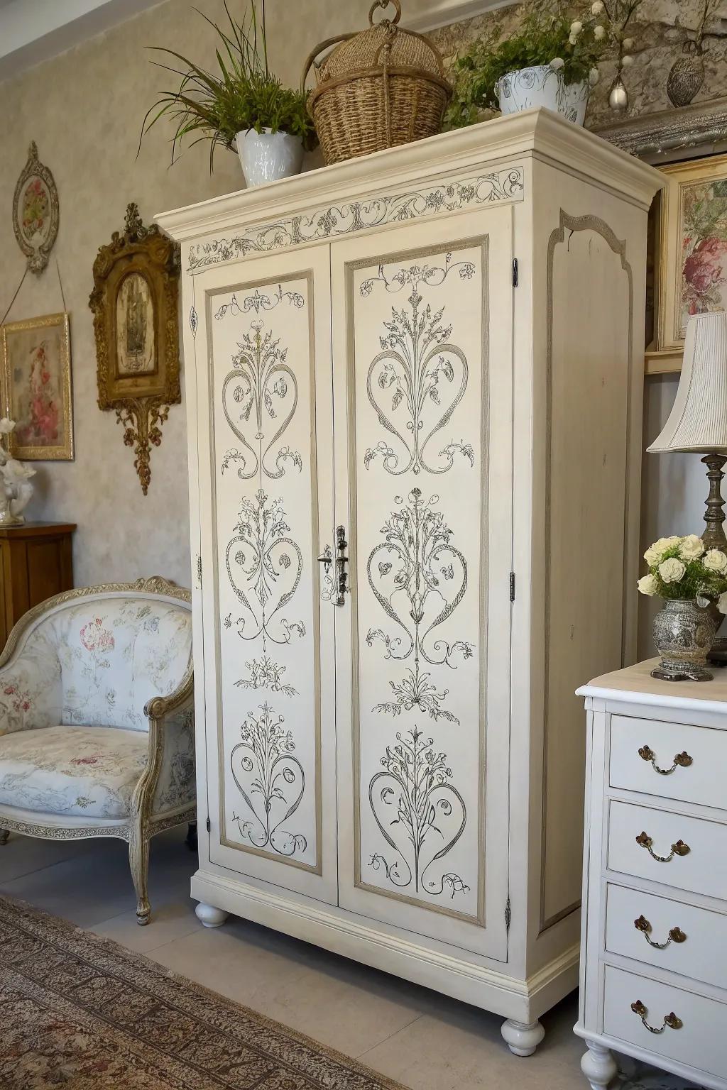 Vintage stencil art adds timeless elegance to an armoire.