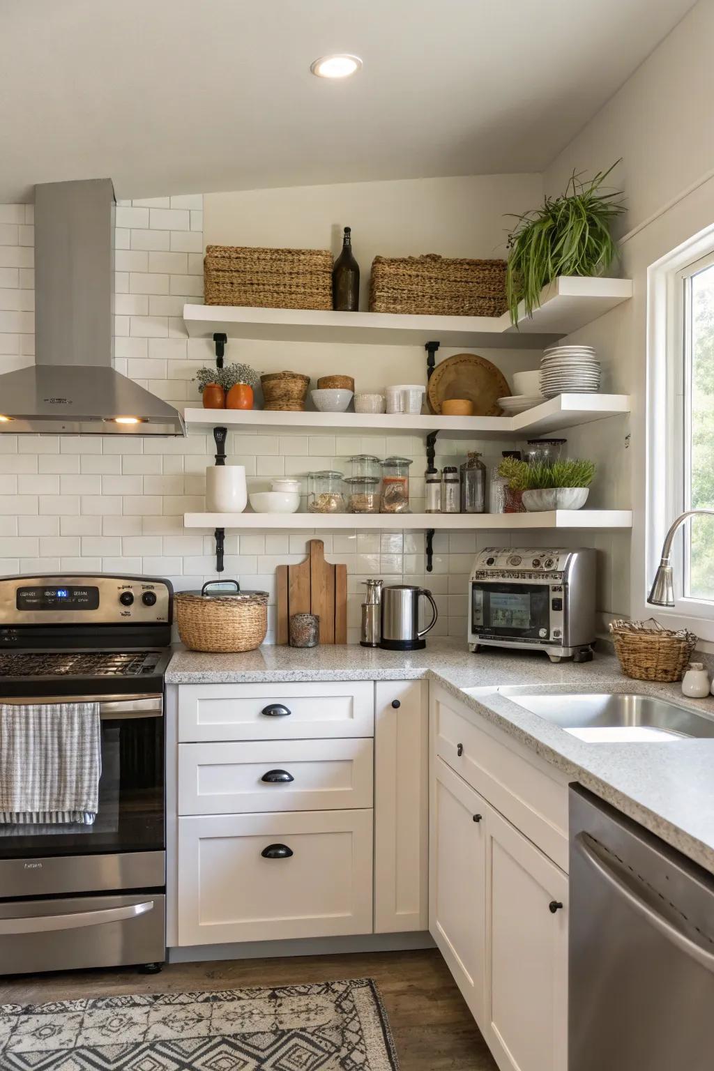 Open shelves enhance storage and style in a rental kitchen.