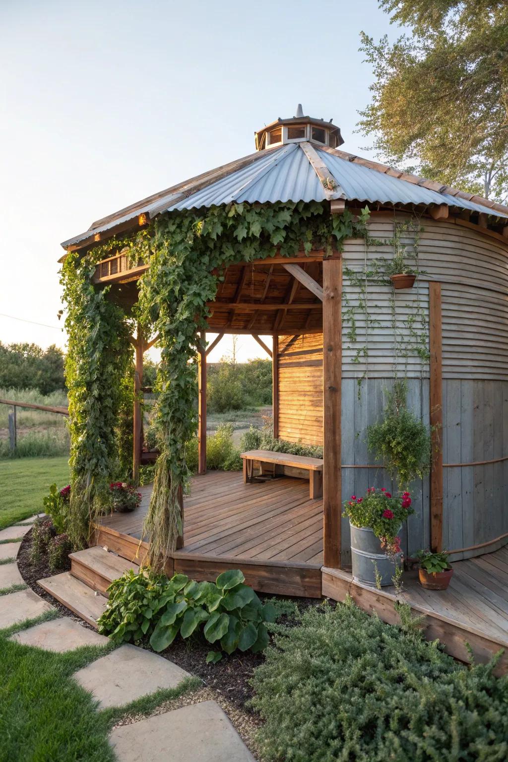 Discover the charm of sustainable design with this repurposed grain bin gazebo—where craftsmanship meets nature.