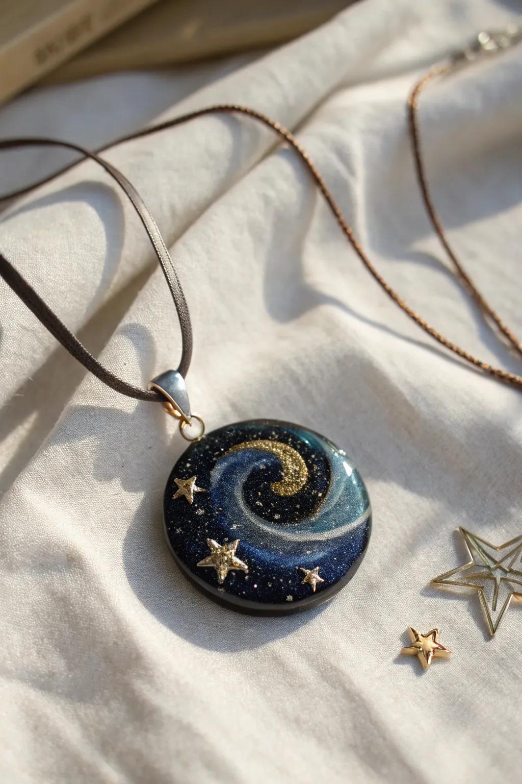 Carry the cosmos with you: a galaxy captured in a charming resin pendant.