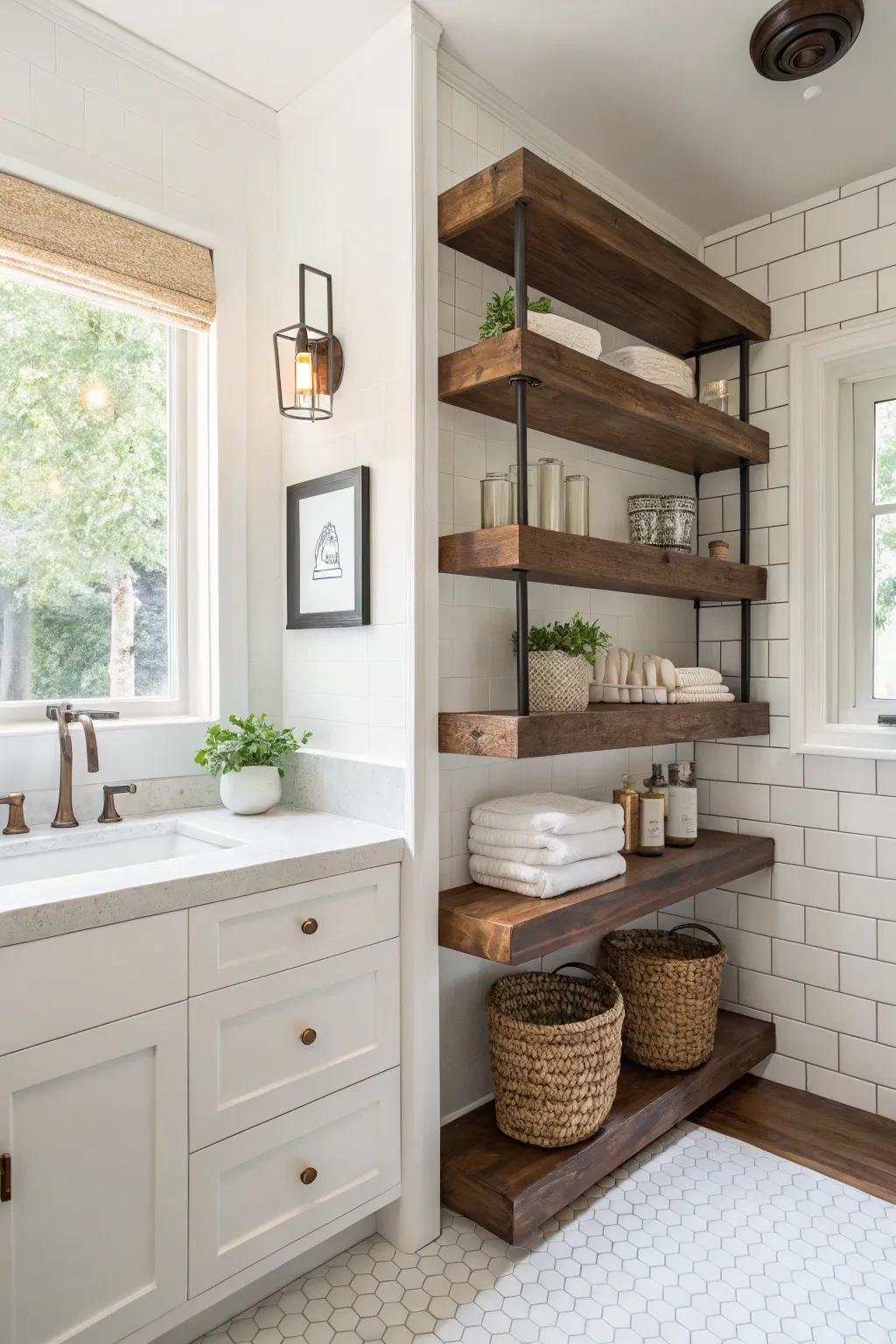 Dark shelves create a striking contrast against light walls.