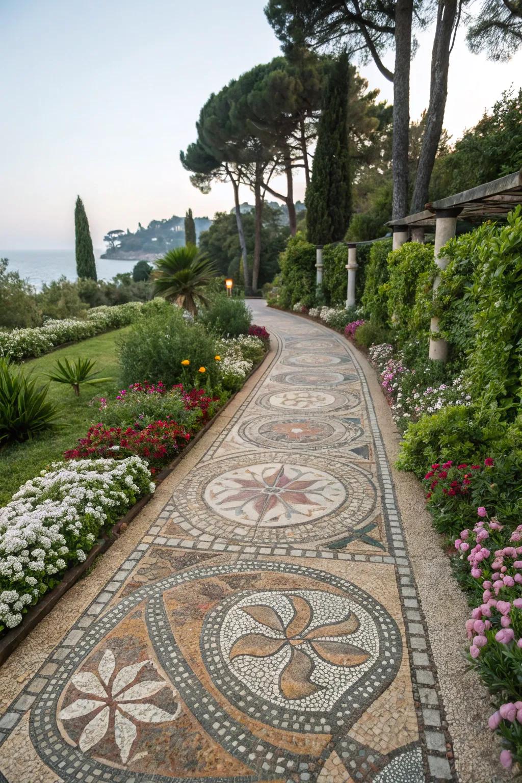 Pebble mosaic walkways turn garden paths into stunning works of art.