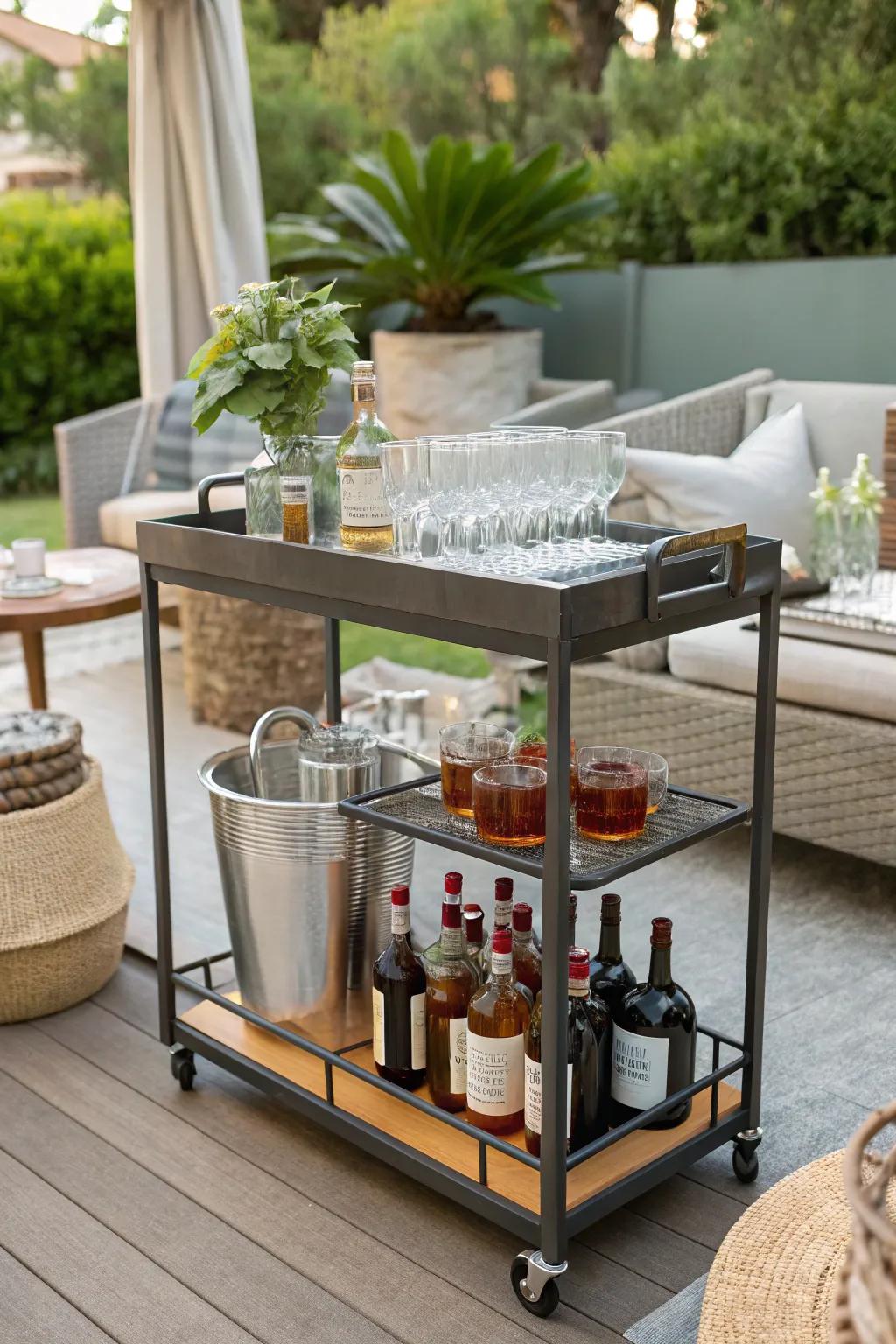 An outdoor entertaining bar on wheels for easy hosting.