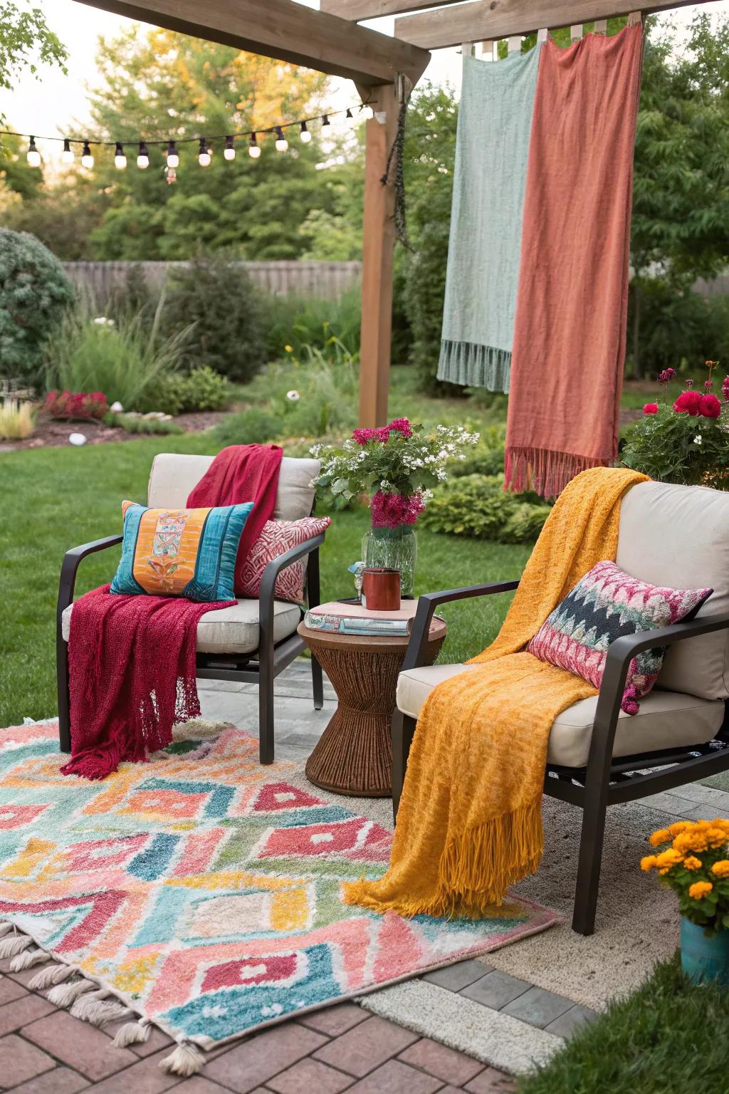 Textiles add comfort and color to your backyard.