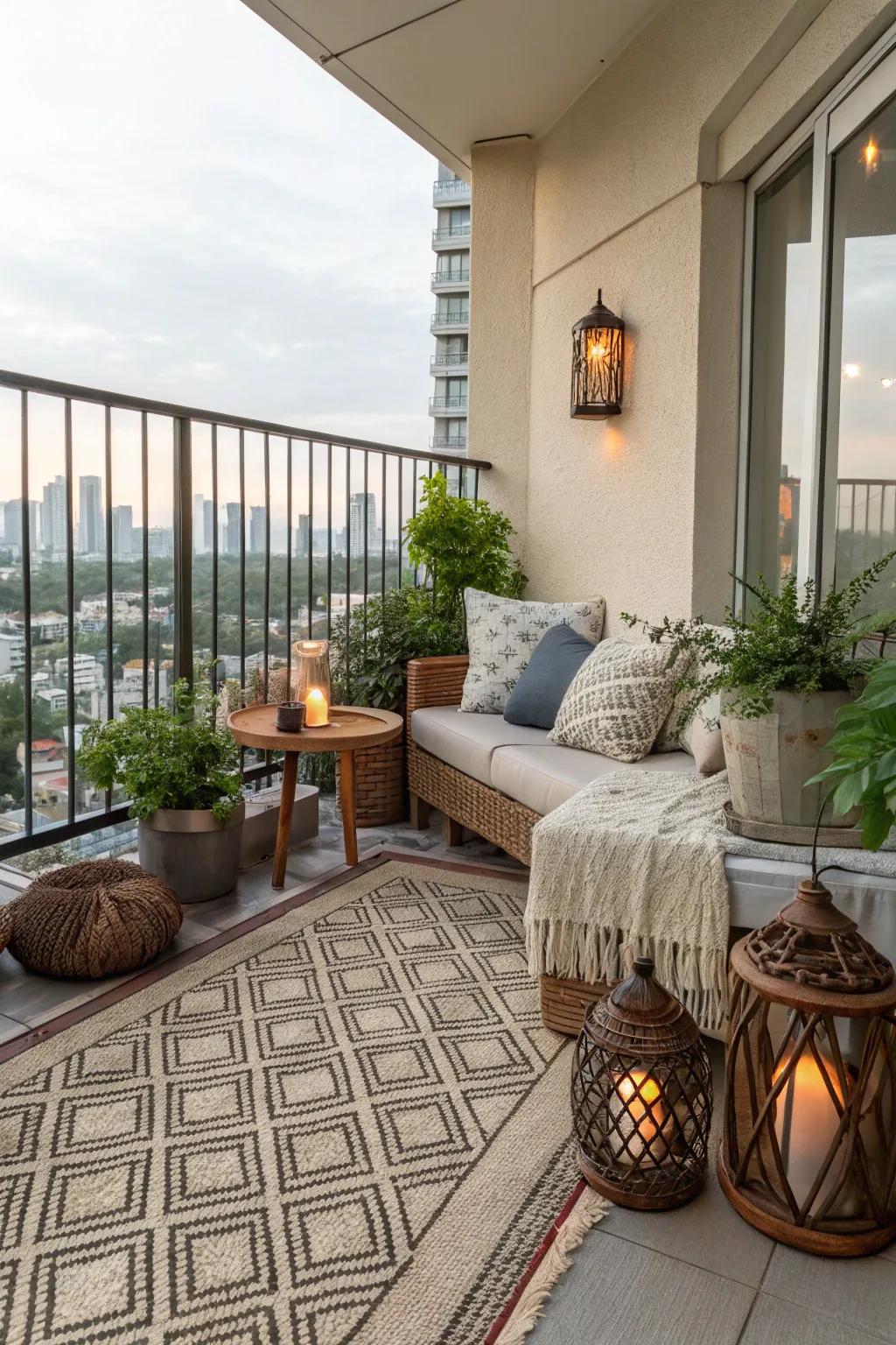 Add warmth and style with a cozy outdoor rug.