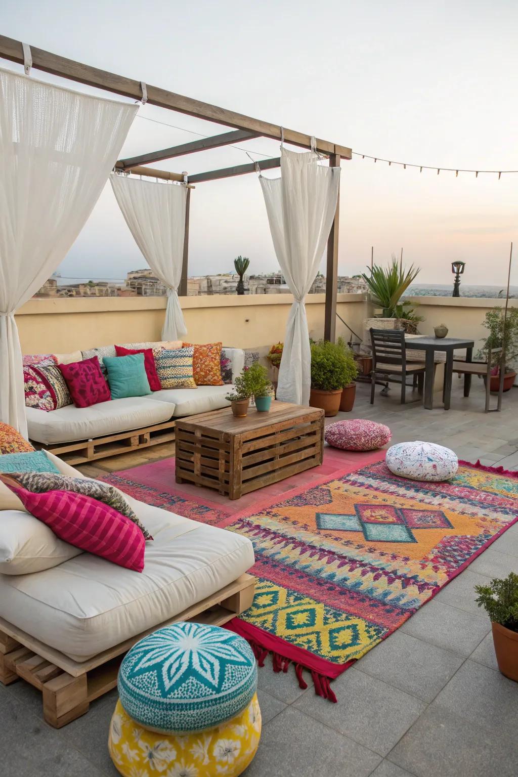 Bright accents bring energy and personality to your rooftop setting.