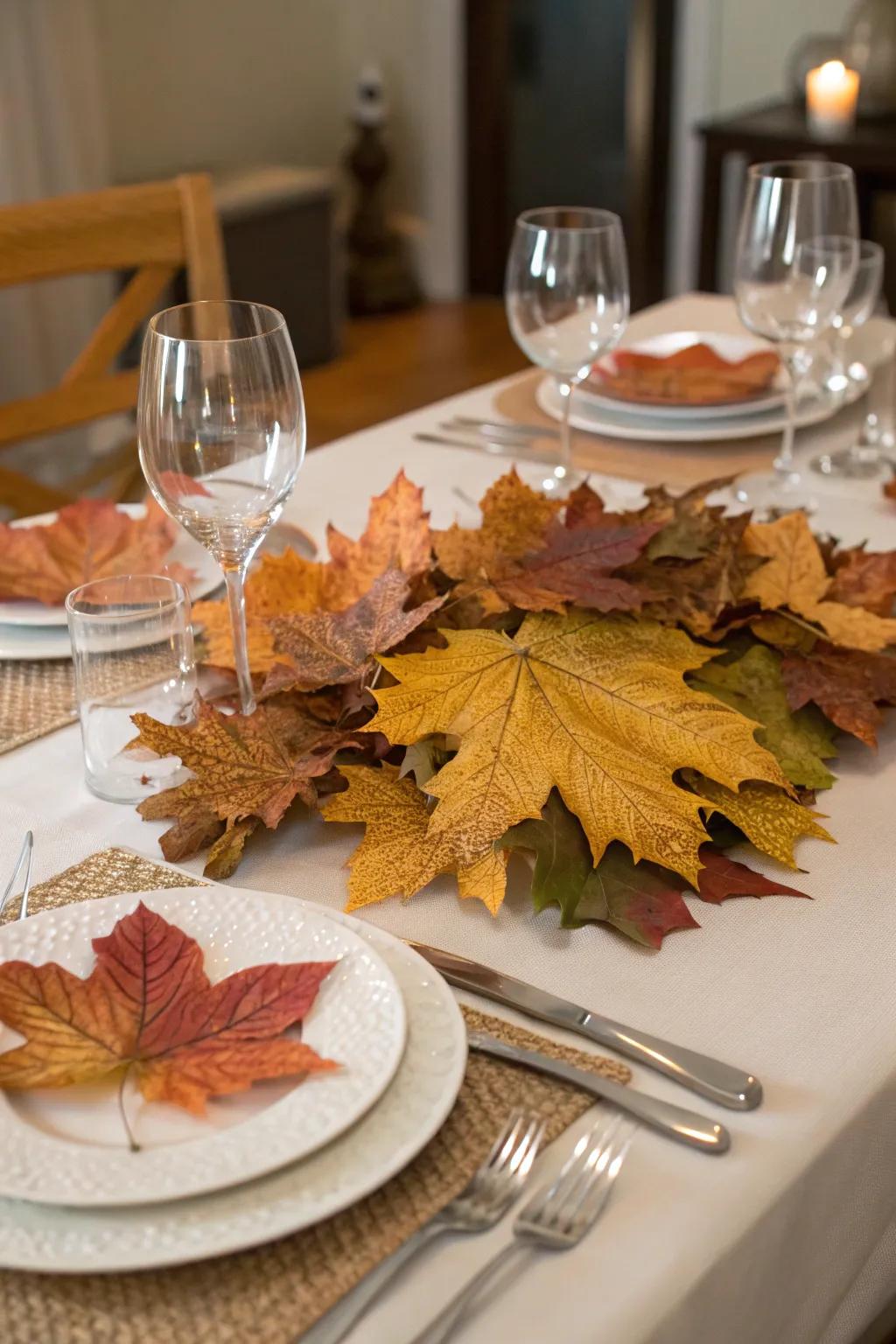 Seasonal centerpiece with artificial leaves.