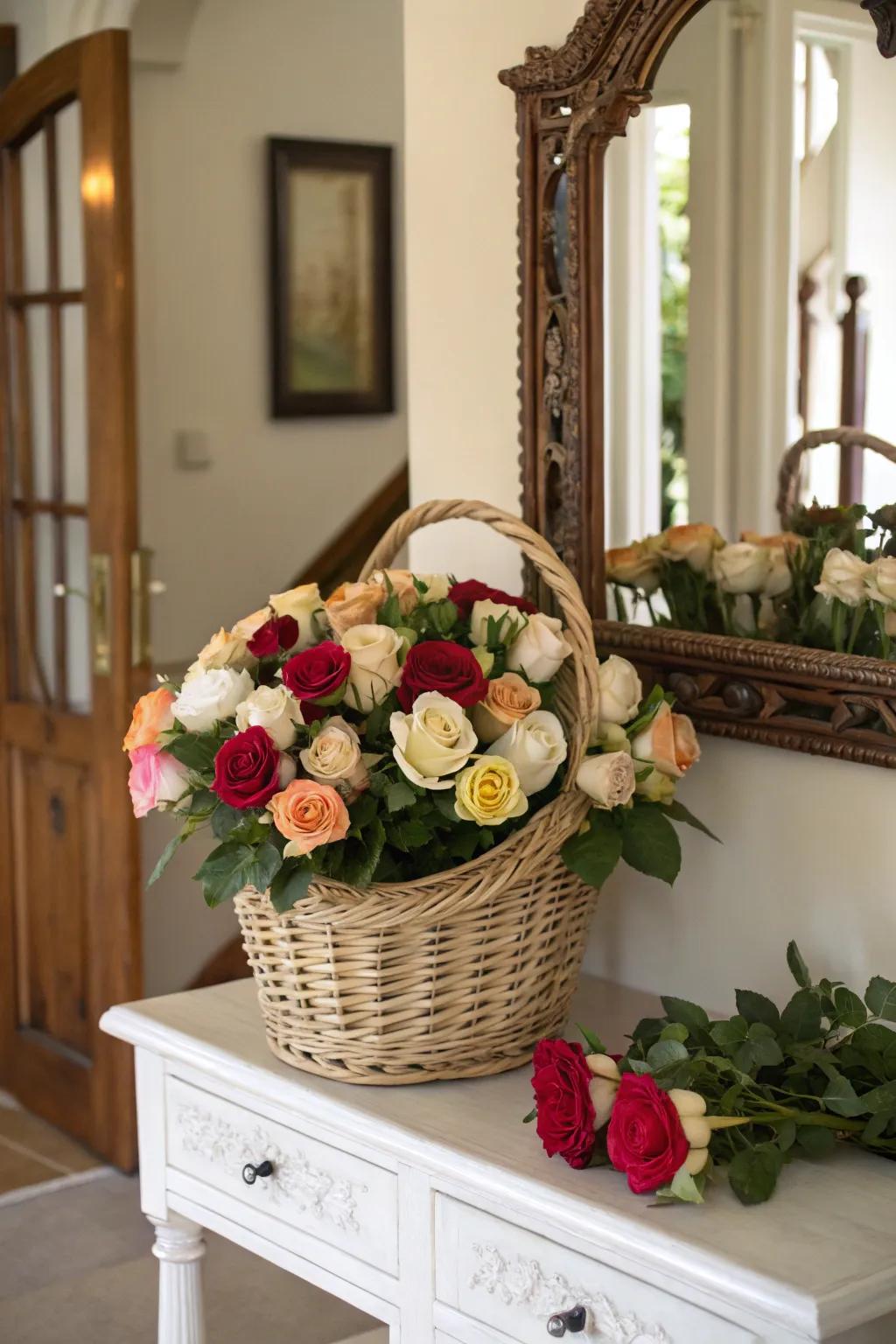 Overflowing roses in a basket provide a welcoming garden-style display.