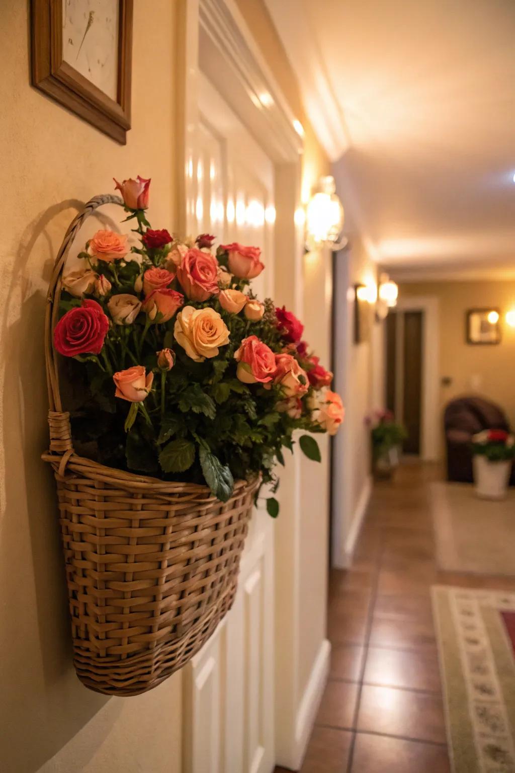 Hanging roses in a wall basket offer a unique decorative touch.