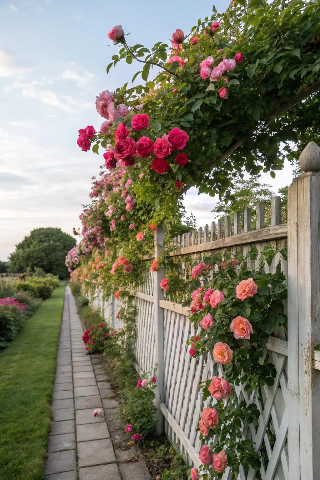 Climbing roses, adding vertical interest and privacy.