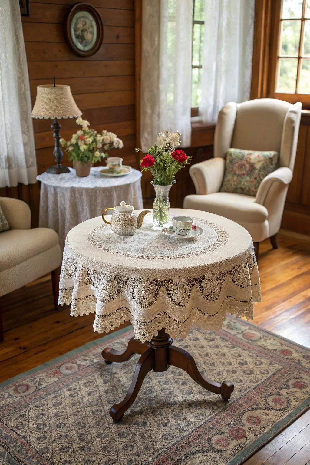 A vintage round table top adds character and nostalgia to the room.