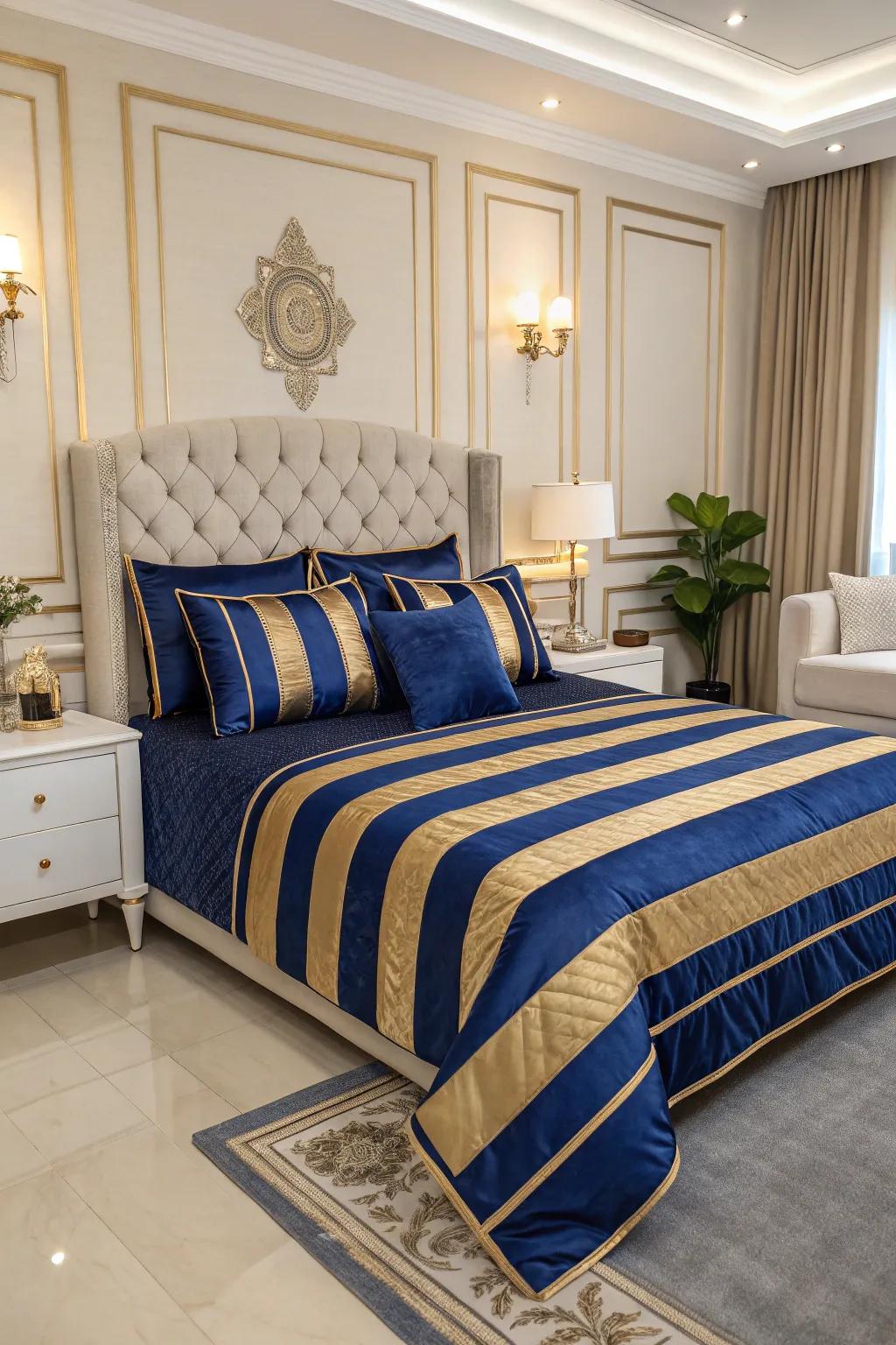 Striped bedding in royal blue and gold adds a playful touch.